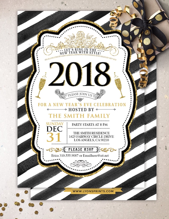 New Years Invitation - New Years Eve Invitation - New Years Party - New Years Invite - Black & Glitter Invitation - New Year's Eve Printable