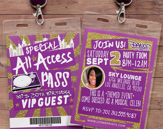 Hip hop, Retro, neon, VIP PASS, backstage pass, Vip invitation, birthday invitation, pop star, bridal shower invite, Rock Star birthday,