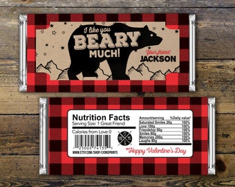 Valentine's Day, candy wrapper – lumberjack, bear  – Party Favors- Valentine's candy, lumberjack, woodland, class party, Valentines treat