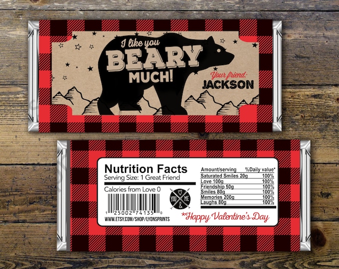 Valentine's Day, candy wrapper – lumberjack, bear  – Party Favors- Valentine's candy, lumberjack, woodland, class party, Valentines treat