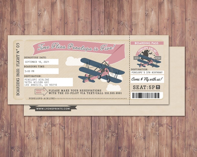 Time Flies, Vintage Airplane Boarding Pass Birthday Invitation- Vintage, Airplane, first birthday, ticket invitation, Digital files only