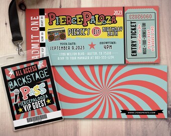 Peut inclure: Un billet rouge et bleu au design rétro pour le 1er anniversaire de Pierce. Le billet comprend la date, l'heure, le lieu et les informations de RSVP. Le texte sur le billet indique "Pierce Palooza", "Pierce's 1st Birthday Bash", "September 9, 2023", "4pm", "1789 Wilson Blvd Austin, TX 75210", "RSVP to Tour Manager at 903-555-1234", "Entry Ticket", "Come and join us for Music, Food, Drinks & Fun!", "Please RSVP by August 23rd".