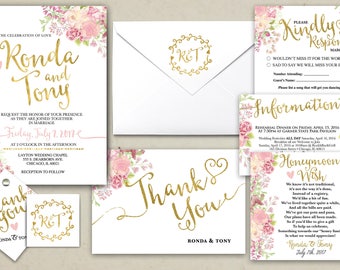 May include: Wedding invitation suite with pink floral designs and gold calligraphy. The invitation features the names "Ronda and Tony" and the date "July 7, 2017". The RSVP card includes the text "Kindly Respond" and the date "March 11, 2016". The information card includes details about the rehearsal dinner and wedding reception. The thank you card features the text "Thank You" in gold calligraphy.