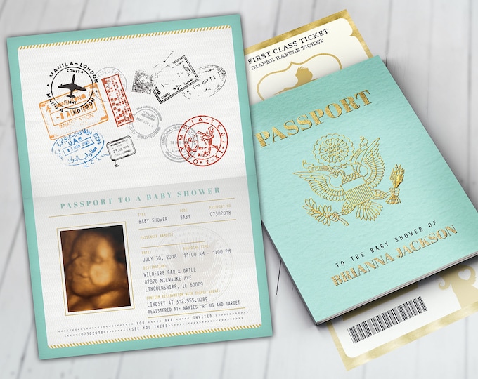 PASSPORT and TICKET baby shower invitation! Coed baby shower invitation- travel baby shower invitation- couples baby shower