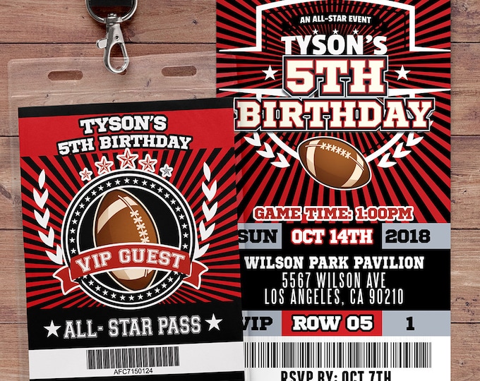 Football ticket Invitation // All Star Birthday //  VIP pass,Party, sports birthday, ticket invite, Bar Mitzvah, football