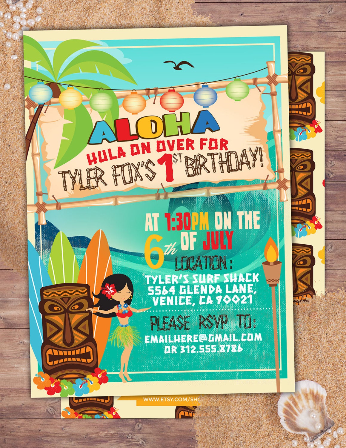 Tiki Party Hawaii Invitation Pool Party Invitation Surfer Birthday 