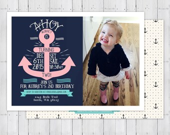 May include: A blue and pink anchor with the text "Ahoy Aubrey is turning Dec 6th 2015 Set Sail 10:30 AM Two! Join us for Aubrey's 2nd Birthday RSVP to Kristen at emailhere@gmail.com 2243 Bridle Trail Seattle, WA 98125" on a blue background. A photo of a young girl with blonde hair wearing a black sweater and pink boots is in the background.