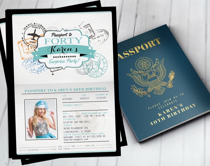 ANY AGE, 40th, 30th, 50th, 60th birthday invitation, travel invitation, destination, passport invitation, travel theme,Digital files