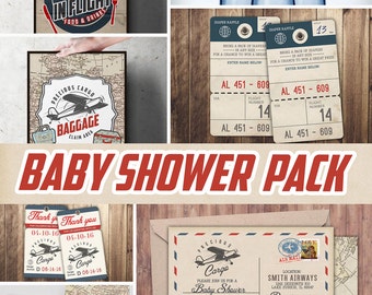 May include: A baby shower invitation featuring a vintage airplane theme. The invitation is in the shape of an envelope with a red, white and blue border. The text on the invitation reads "Precious Cargo Baby Shower" and includes the name "Lindsey Stelpher". The invitation also includes the date and time of the shower, as well as the location and registry information.