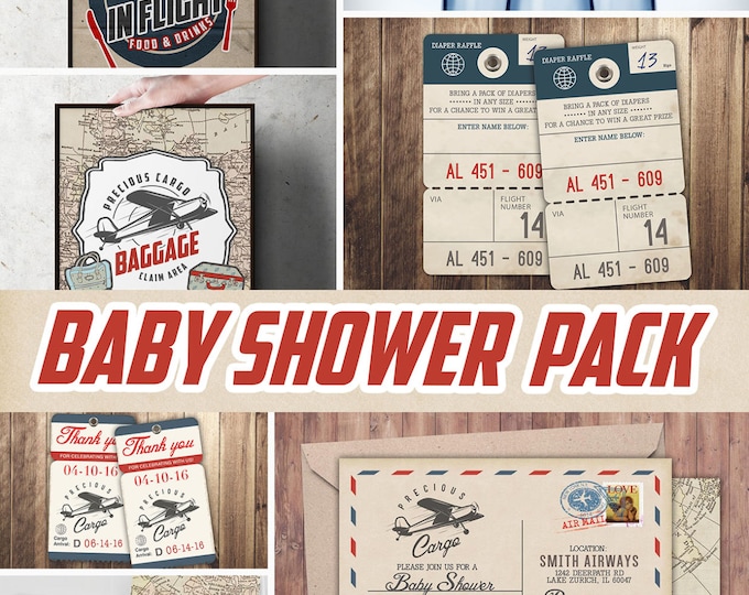 Precious Cargo party pack, Baby Shower Invitation, vintage airplane invitation, travel theme, favor tags, food tents, water labels