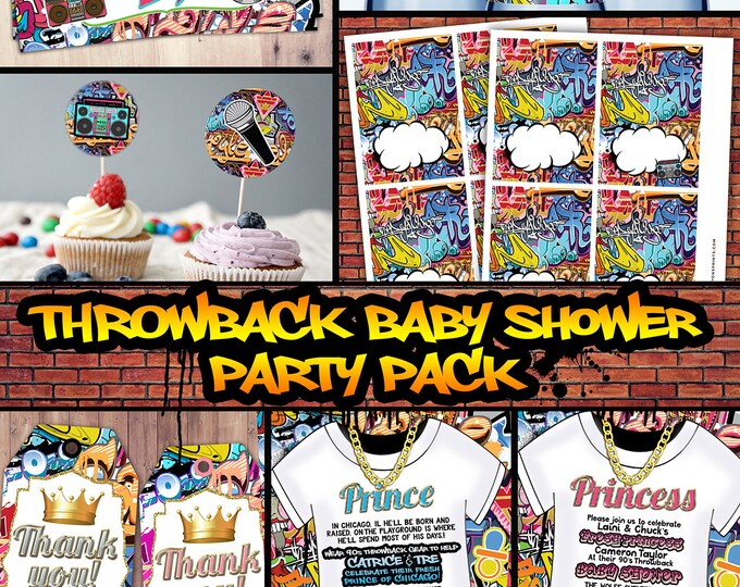 Fresh Prince, Baby Shower, Hip Hop, 90s throwback party, baby shower invitation, Graffiti, cupcake topper, food tent, diaper raffle, tags