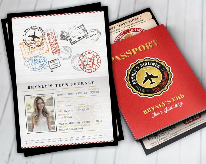 PASSPORT and TICKET birthday invitation, travel birthday party invitation, personalized ticket invitation, travel party, Digital files only