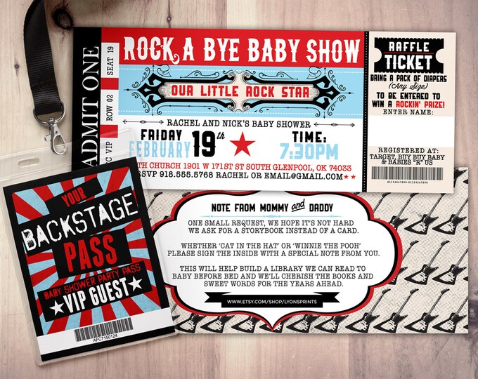 Rockstar baby shower invitation, Coed baby shower invitation, Rockabye baby shower, ticket invitation, rockstar baby