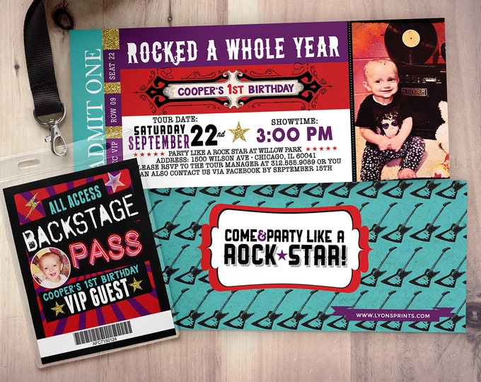 ROCK STAR concert ticket birthday party invitation- Music invitation- photo card, printable, rockstar party, rock star invitation, VIP pass