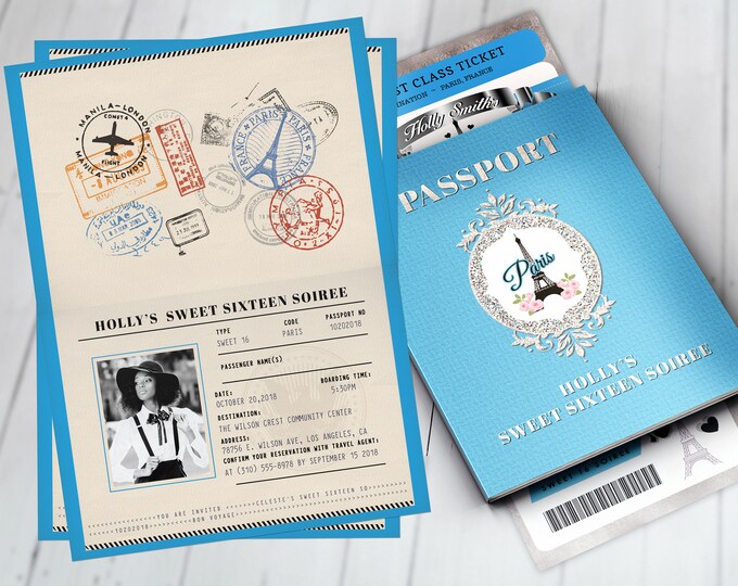 PASSPORT and TICKET, Sweet 16, bridal shower invitation Girl birthday party, travel birthday party invitation- Paris, Digital files only