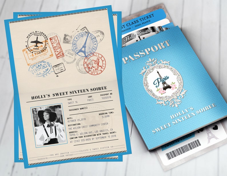 PASSPORT and TICKET, Sweet 16, Quinceanera invitation Girl birthday party, travel birthday party invitation Paris, Digital files only BLUE-SILVER