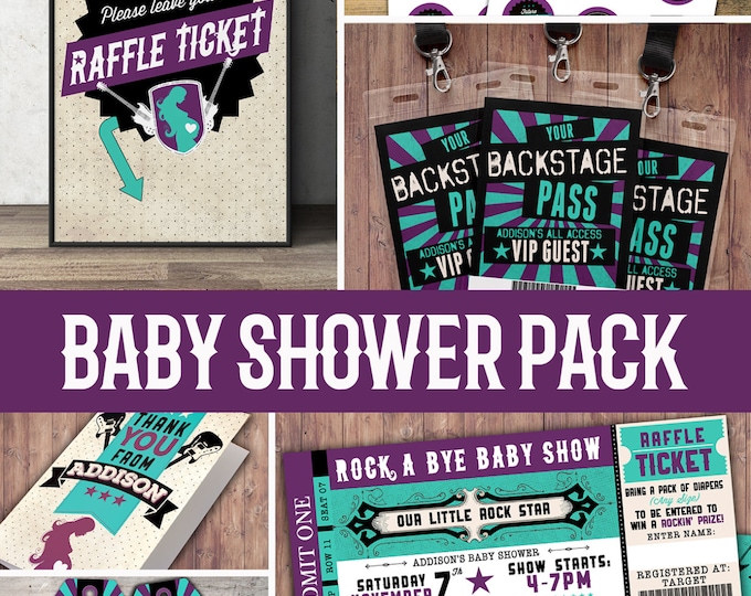 Party pack, party decorations, Coed baby shower invitation- rockstar invitation- boy baby shower, thank you, raffle ticket, party sign