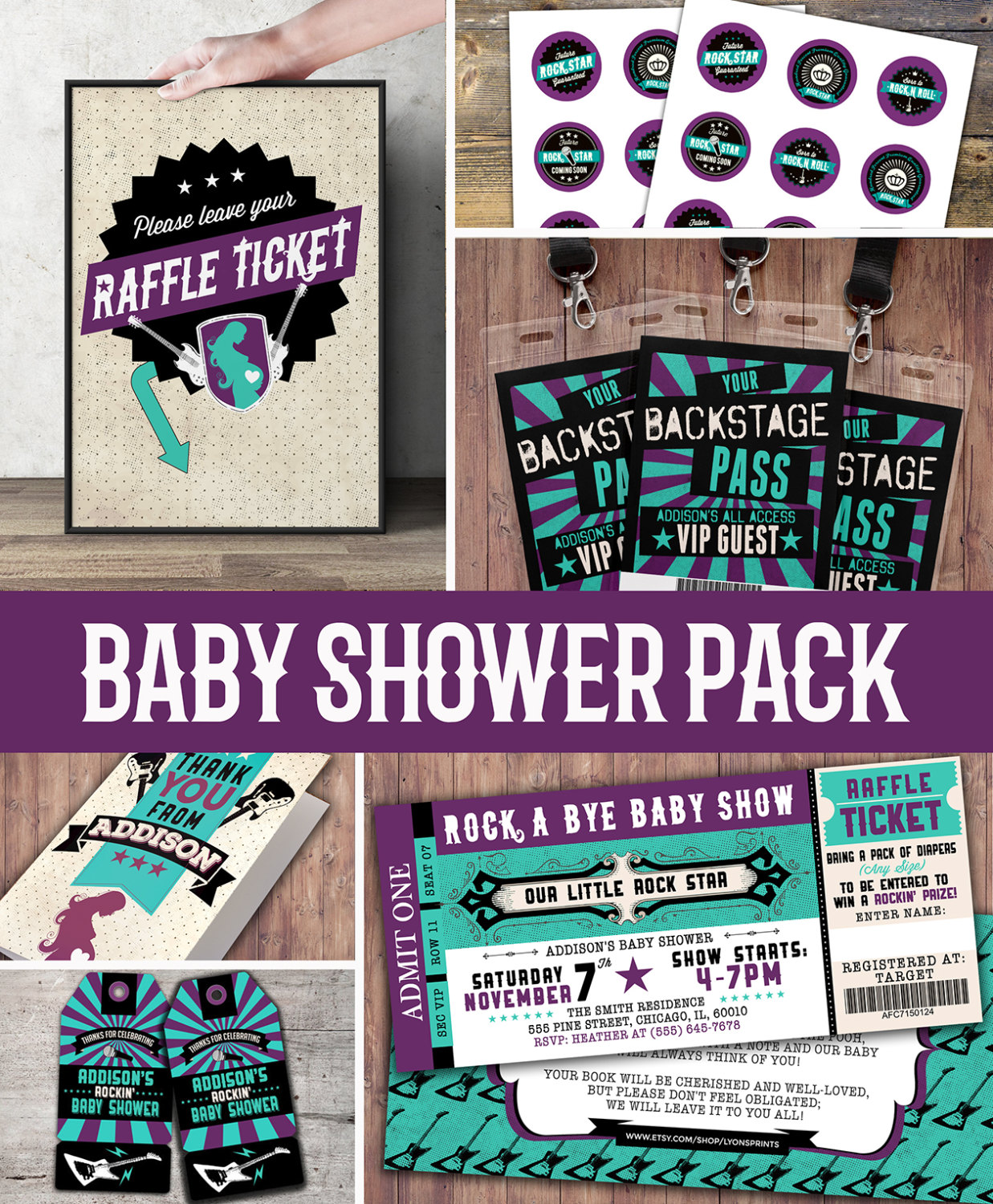 Party pack, party decorations, Coed baby shower invitation- rockstar invitation- boy baby shower, thank you, raffle ticket, party sign