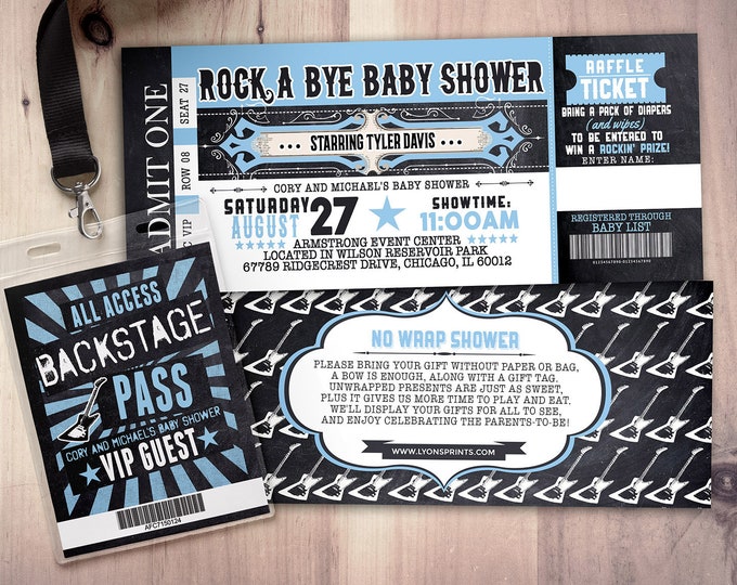 Rockstar baby shower invitation, Coed baby shower invitation, Rockabye baby shower, ticket invitation, rockstar baby