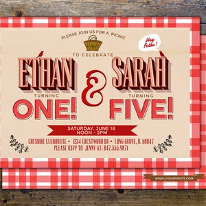 May include: Red and white checkered picnic invitation for Ethan turning one and Sarah turning five. The invitation features a basket, birds, and the text "Hey Folks!" in a speech bubble.