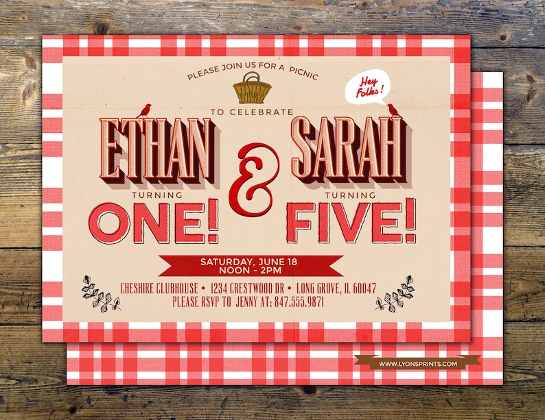 May include: Red and white checkered picnic invitation for Ethan turning one and Sarah turning five. The invitation features a basket, birds, and the text "Hey Folks!" in a speech bubble.
