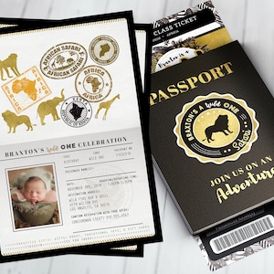 Passport invitation, Jungle Invitation, Jungle invite, Safari invitation, Safari Invite, Watercolors, Wild One, Elephant, Lion, Wild thing