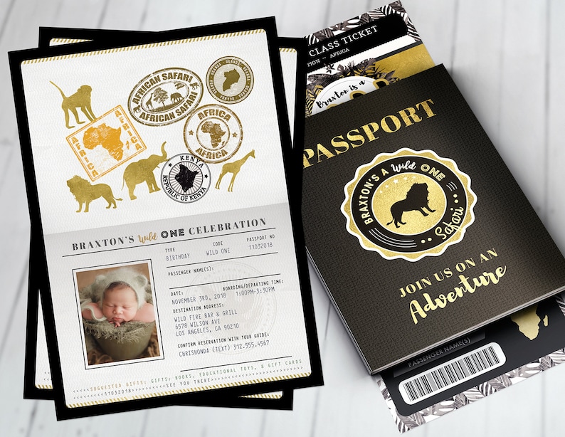 Watercolors Elephant Passport invitation Jungle Invitation Safari invitation Jungle invite Wild One Lion Wild thing Safari Invite