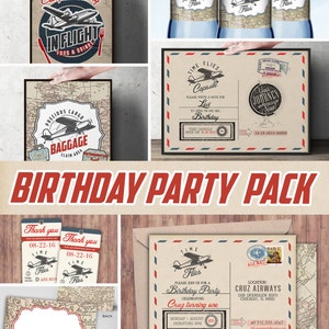 Time Flies party pack,  vintage airplane invitation, travel party, airplane birthday, favor tags, party signs, Digital files only