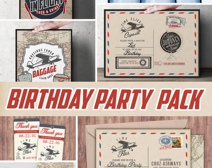Time Flies party pack,  vintage airplane invitation, travel party, airplane birthday, favor tags, party signs, Digital files only