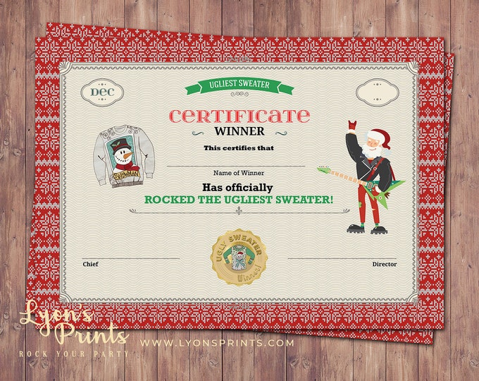 Ugly sweater party, Christmas, Holiday party, holidays, Christmas party, cookie exchange, invite, Santa, Ugliest sweater award, certificate