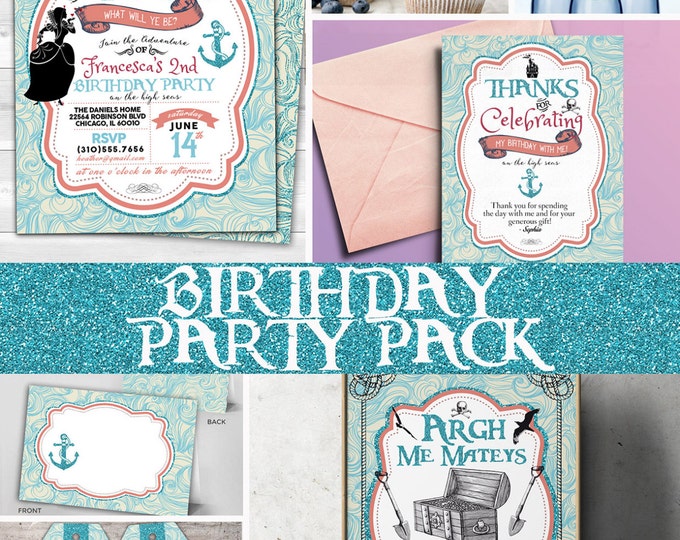 Princess and pirates Party Invitations, labels, tags, Pirate and Princess Birthday Invitation, Princess and Pirate invitation ,Twins birthda