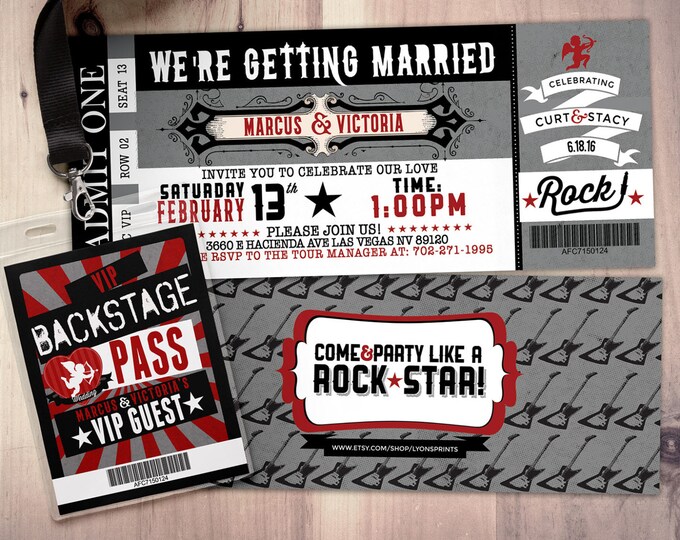Rock Star wedding Invite/Bridal Shower INVITATION, ticket bridal shower invitation, rockstar shower, save the date, wedding invitation