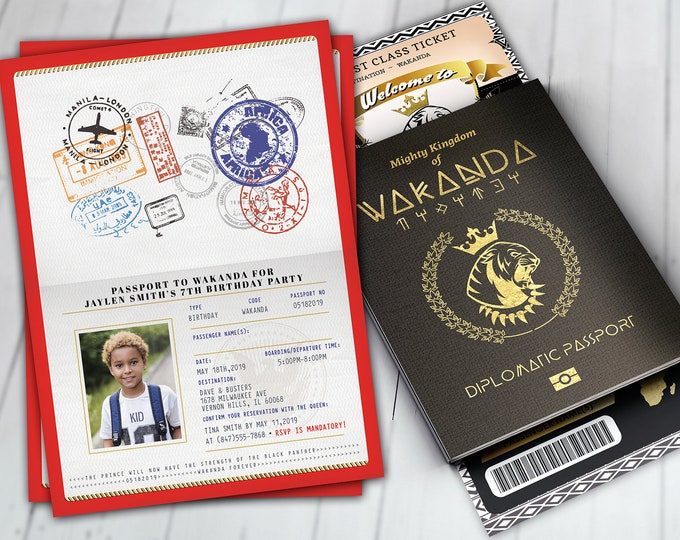 Passport and ticket Birthday invitation, Wakanda, Africa Passport, African Birthday, African Birthday, Panther, Digital files only