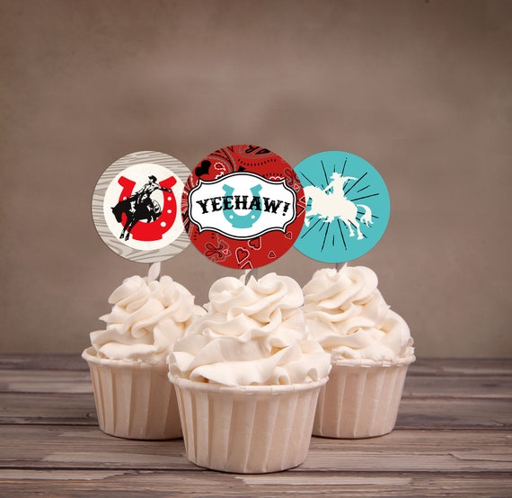 Cupcake toppers, Western, cowboy, cowgirl, birthday, Western birthday, Rodeo, thank you, horse, circus, barn. Rodeo Il_570xn