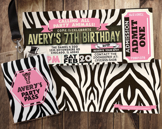 Ticket invitation, ZOO, birthday invitation, baby shower, Party favor, twins birthday, animal print, animals, ,safari birthday, Animal print