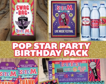 Party pack, party decorations,Birthday Party, rockstar invitation, thank you, party sign, party favor label, cupcake toppers, pop star