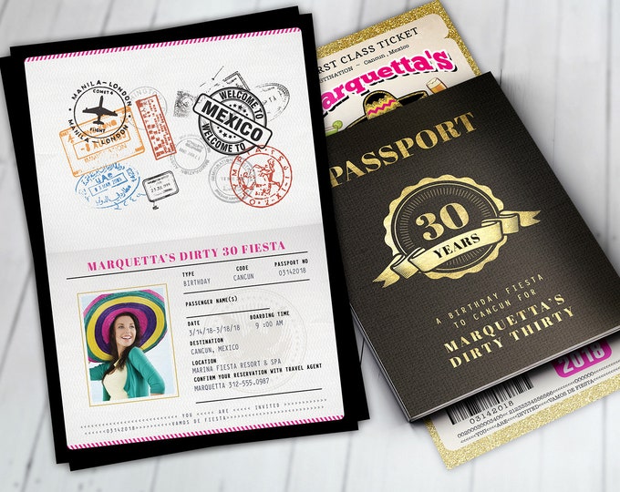 Passport and ticket birthday invitation, travel birthday party invitation, cruise invitation, Mexico, Cancun Digital files only