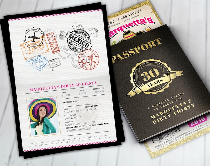 Passport and ticket birthday invitation, travel birthday party invitation, cruise invitation, Mexico, Cancun Digital files only