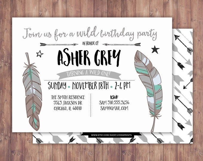 Tribal, birthday Invitation, BOHO birthday Invite, feathers , invitation, arrows, pow wow, baby girl, baby boy, first birthday, 1st, wild