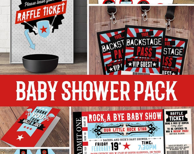 Party pack, party decorations, Coed baby shower invitation- rockstar invitation- boy baby shower, thank you, raffle ticket, party sign