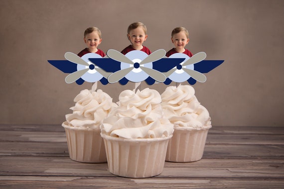 Photo Cupcake Toppers Digital File, Pilot, airplane birthday, vintage airplane,Birthday Party, first birthday , 1st, Airplane, party decor Il_570xn