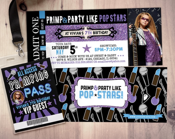 Spa party, Pop star, Rock Star concert ticket birthday party invitation- primp, rockstar party, pop star, karaoke party, girl birthday