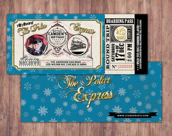 May include: A blue and gold ticket with the text "All-Aboard The Polar Express" and a picture of a boy in a conductor's hat. The ticket is for Camden's 5th birthday party on December 17th at 2:00 PM. The ticket also includes the text "The Anderson Railroad 1335 Wilson Ave, Chicago, IL 60041".