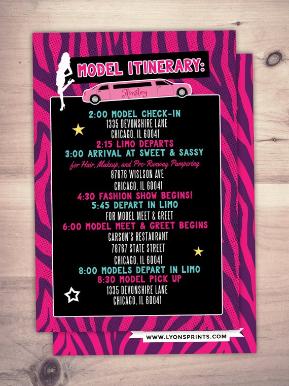 Itinerary, Limo party, Rock the Runway, Limo, sleepover birthday party, pop star, rockstar party, fashion birthday, zebra print, Spa party Il_570xn