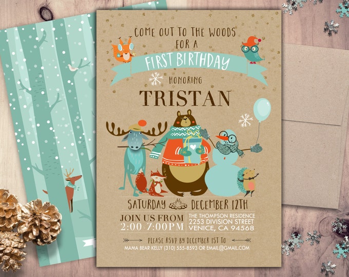 ANY AGE, Woodland birthday, Woodland baby shower, Winter ONEderland Birthday Party Invitation, Woodland Fox Invite, forest animals, lumberja