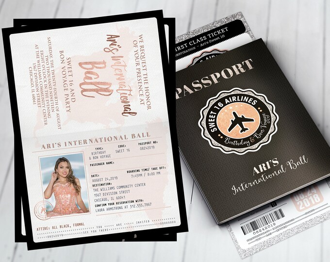 PASSPORT and TICKET birthday invitation, travel birthday party invitation, retirement party, Sweet 16 travel, Digital files only