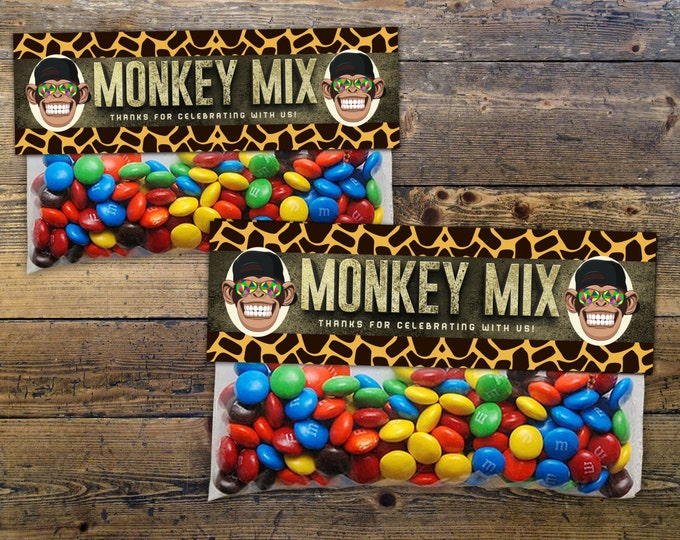 Safari Animals Treat Bag Toppers - monkey - Jungle Favor Toppers Instant, Sandwich Baggie Size, animal print, birthday favor, monkey mix