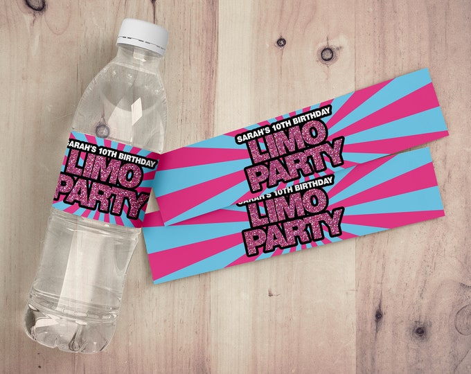 Limo party, Water Bottle Labels, birthday party decor, limo ride party, limo, labels, stickers, water label