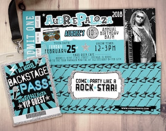 Peut inclure: Un billet noir et blanc avec des accents de paillettes argentées pour une fête d'anniversaire de 10 ans appelée "Aubree-Palooza". Le billet indique "Dimanche 25 février" et "12h-15h". Le billet contient également une photo d'une fille avec une guitare. Le billet indique "Venez faire la fête comme une rock star !"