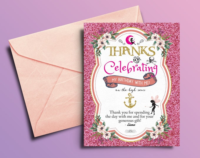 Fairy, Pixie, thank you card, Pirate and Princess Birthday Invitation, Princess and Pirate invitation ,Twins birthday, pixie